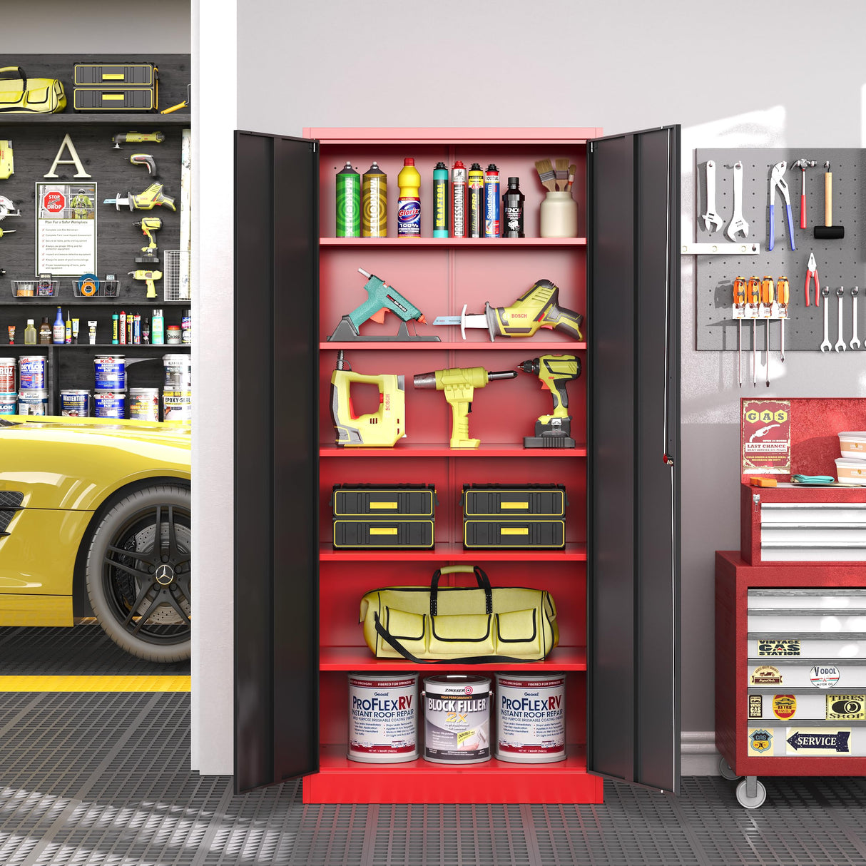 LISSIMO Metal Storage Cabinet with Lock,71 Inch Garage Cabinet with 2 Doors and 5 Adjustable Shelves,Steel Storage Cabinets for Garage,Home Office,Pantry,School(Red & Black) LISSIMO