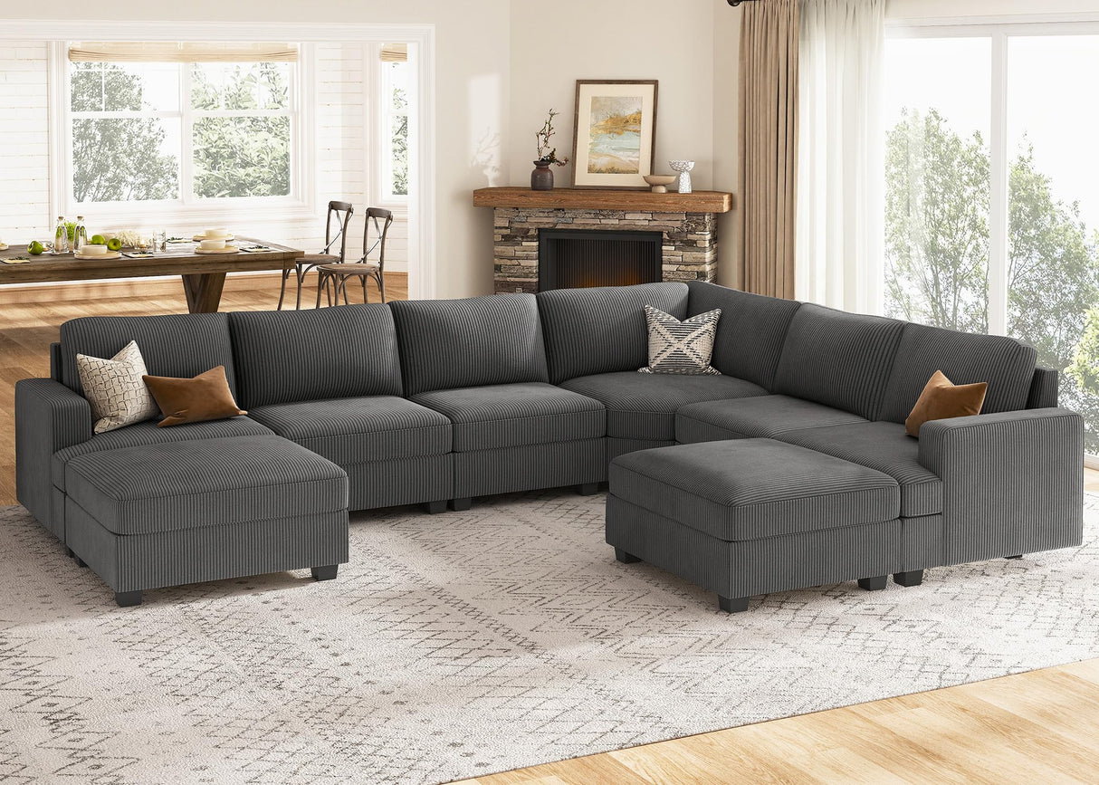 Nolany Sectional Couch with Storage Ottoman, Corduroy Modular Sectional Sofa, U Shape Sectional Couches for Living Room, Dark Grey Nolany