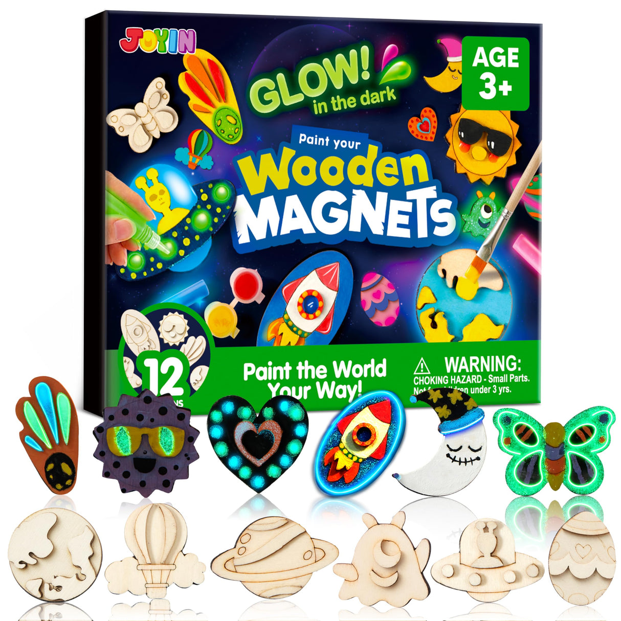 JOYIN 12 Glow in The Dark Wooden Magnets for Kids, Paint Your Own Arts and Crafts Painting Kit, Halloween Crafts Birthday Parties and Family Crafts Gift, Party Favors for Boys Girls Ages 3+ JOYIN