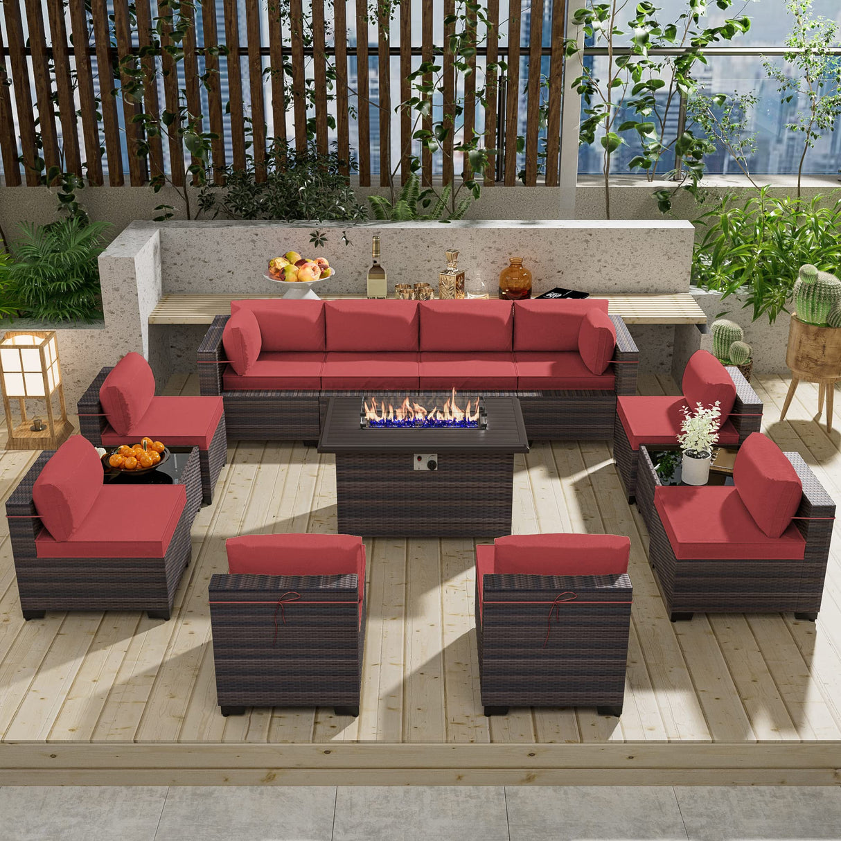 RTDTD 13 Pieces Outdoor Patio Furniture Set with Propane Fire Pit Table Outdoor Furniture Patio Sectional Sofa Conversation Sets w/ETL Approved 43" Gas Outdoor Fire Table & Coffee Table (Red) RTDTD
