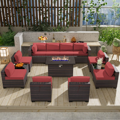 RTDTD 13 Pieces Outdoor Patio Furniture Set with Propane Fire Pit Table Outdoor Furniture Patio Sectional Sofa Conversation Sets w/ETL Approved 43" Gas Outdoor Fire Table & Coffee Table (Red)