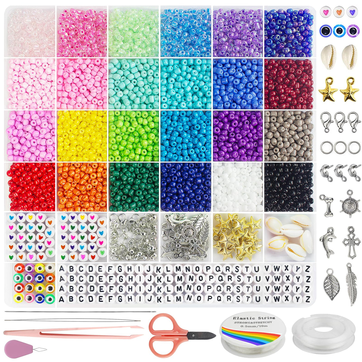 Redtwo 4mm Glass Seed Beads for Jewelry Bracelet Making Kit, Small Beads Friendship Bracelet Kit, Tiny Waist Beads with Letter Beads and Elastic String, DIY Art Craft Girls Gifts. Redtwo