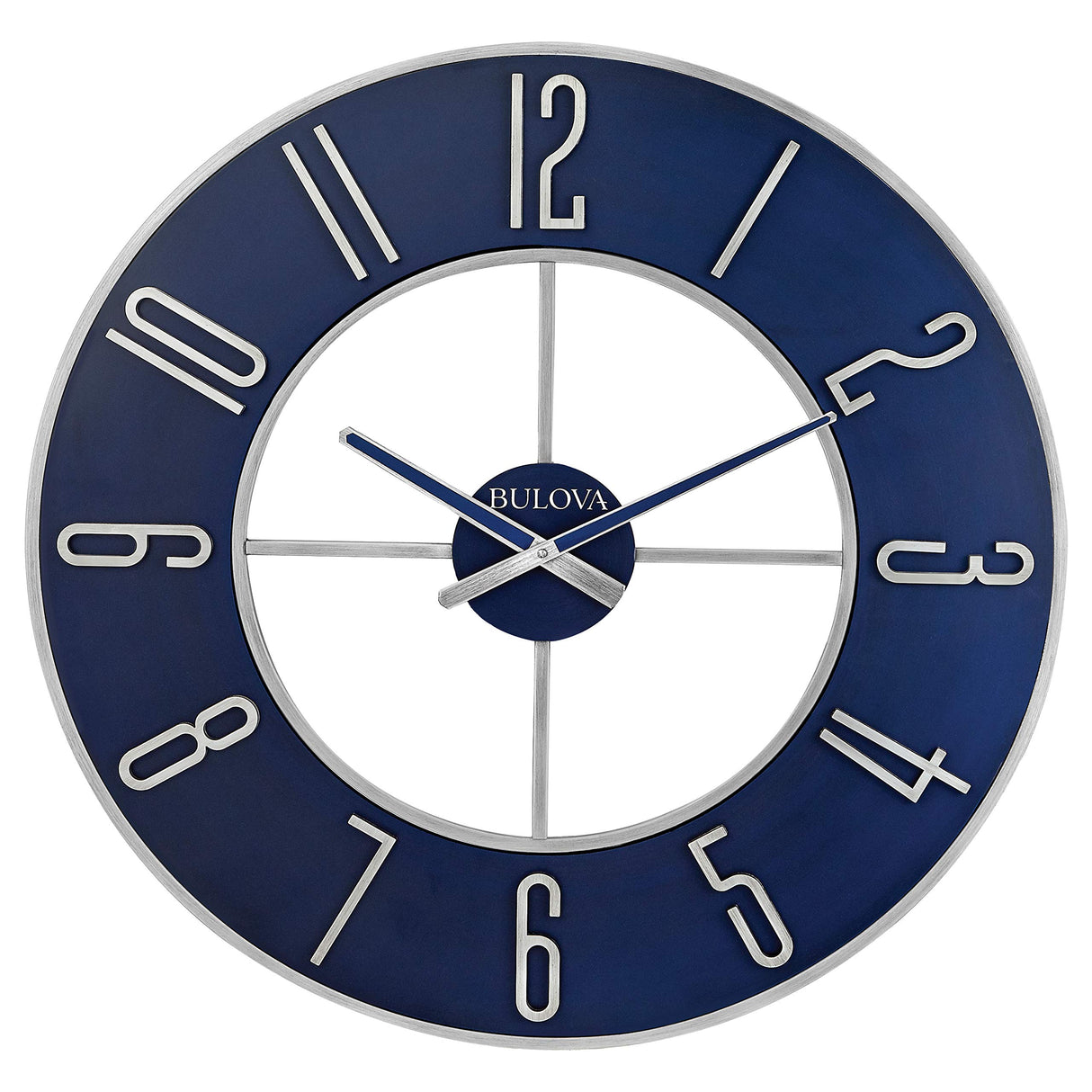 Bulova Steel Oversize Wall Clock, 27", Silver and Blue Bulova