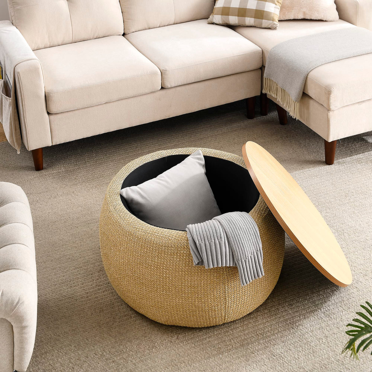 YICORPS Modern Round Storage Ottoman with Wooden Top,Handmade Luxury Pleated Circle Fabric Storage Ottoman Coffee Table,End Table & Footstool for Living Room(Natural) YICORPS