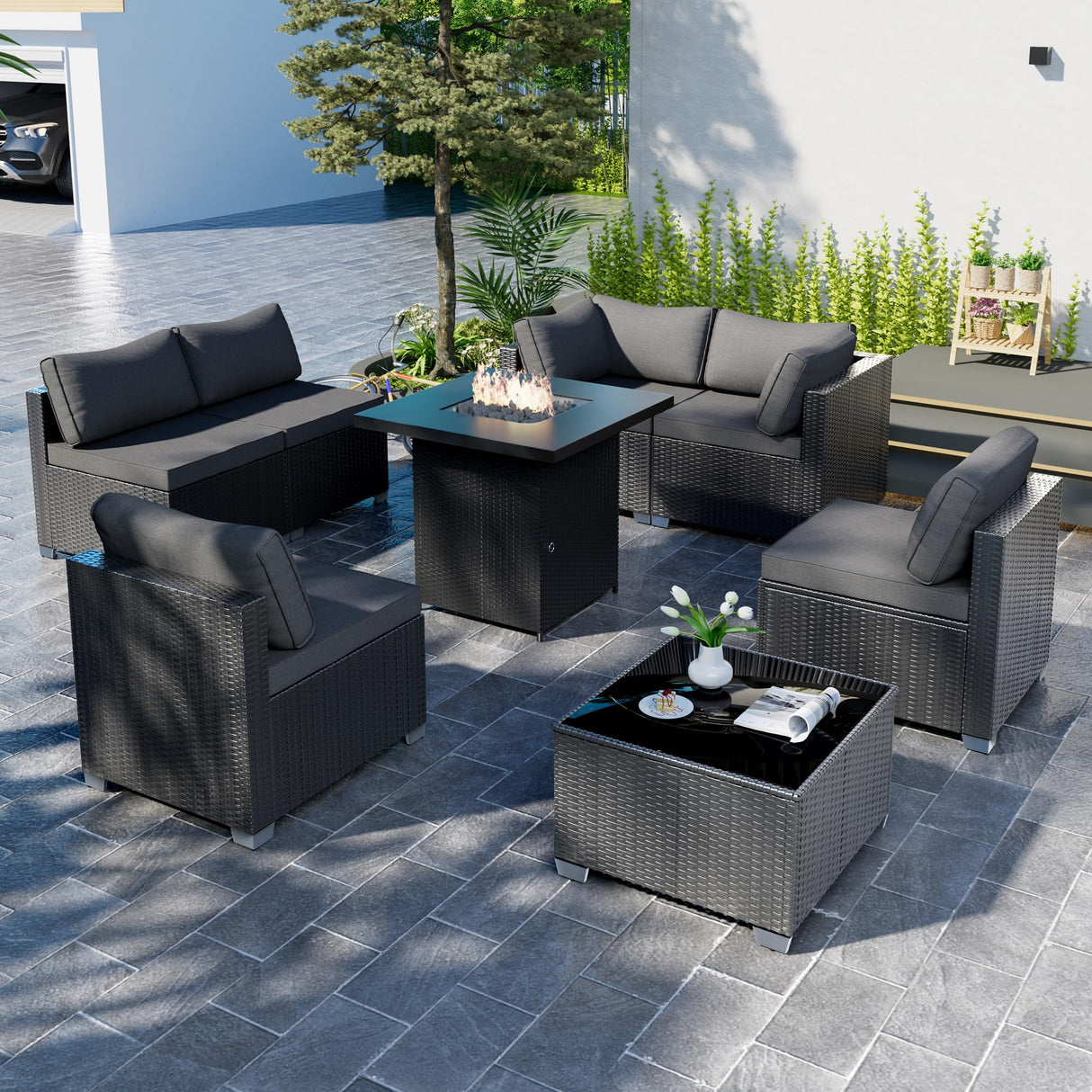 8-Piece Outdoor Patio Sectional Sofa Set with Fire Pit Table – PE Wicker Rattan Modular Conversation Furniture, Cushions & Clips Included – Patio Couch for Porch, Backyard, Poolside, Garden ELEGIBLISS