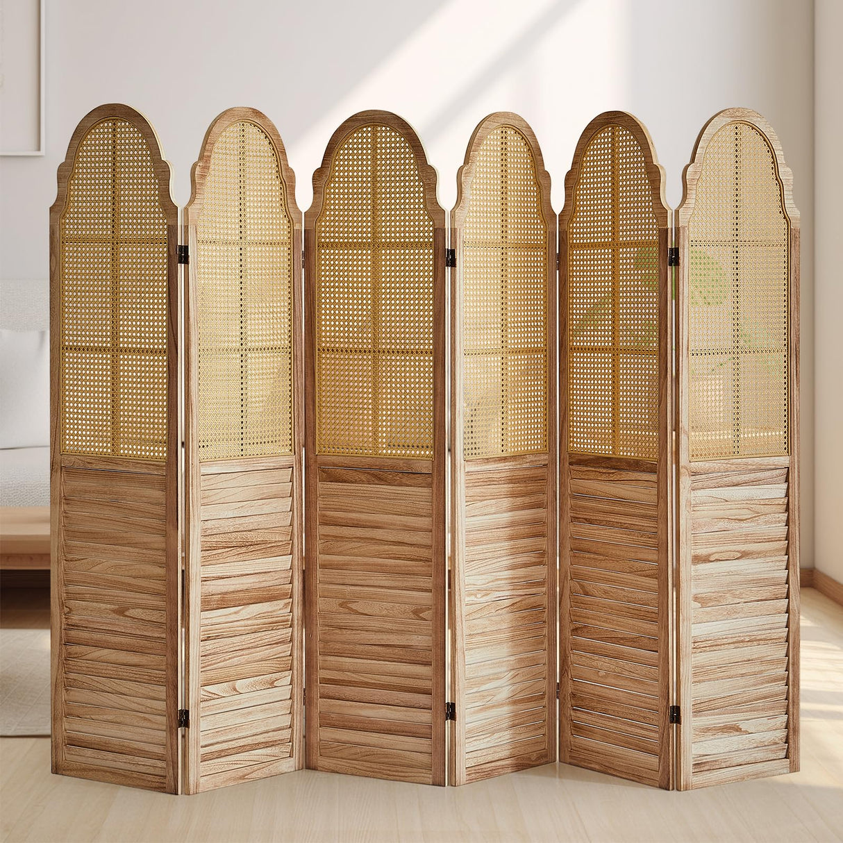 Asnefeli 6 Panels Room Divider Screen, Rustic Rattan Room Divider, Wood Folding Privacy Screen, Foldable Wood Divider Wall, Portable Partition Panel, Wall Divider for Room Separation (Natural) Asnefeli