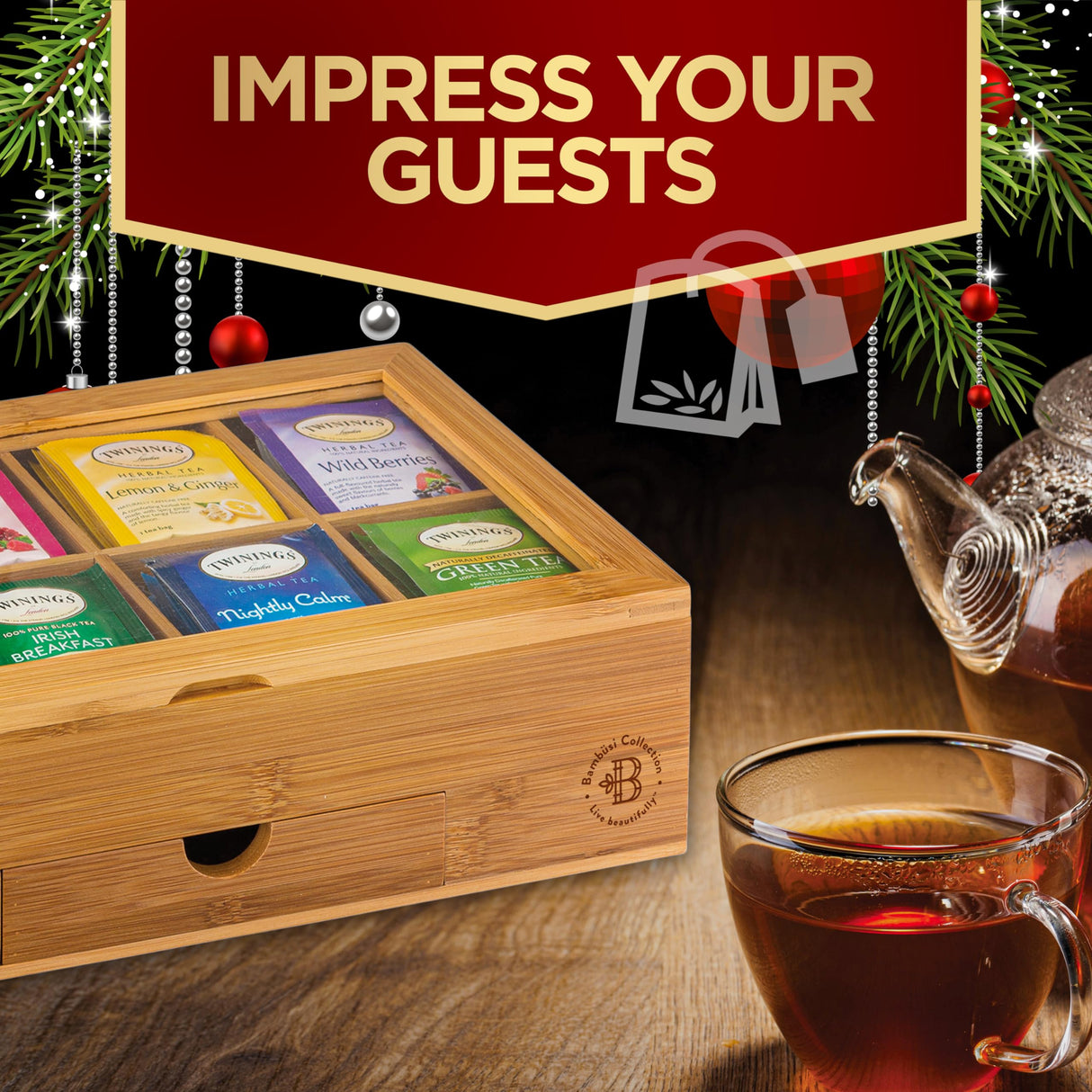 Bamboo Tea Bag Organizer Storage Box with Drawer & Acrylic Window - Magnetic Lid Keeps Contents Fresh - Ideal Mothers Day Gifts for Mom - Gift Caddy (Tea Not Included) Bambüsi