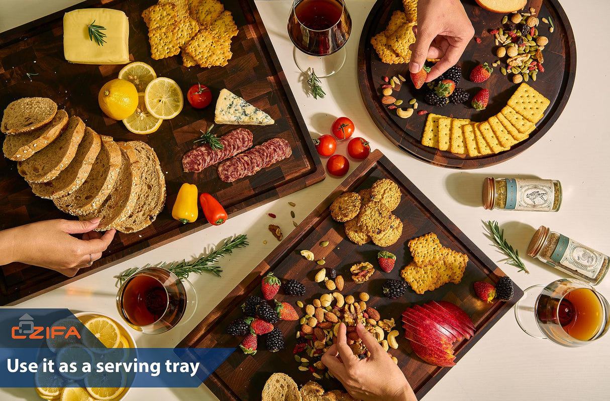 Cozifa American Dark Walnut Wood Cutting Board 17"x12"x1.6" for Kitchen with Juice Groove, Inner Handles, Gift Box Packaging and End Grain Butcher COZIFA