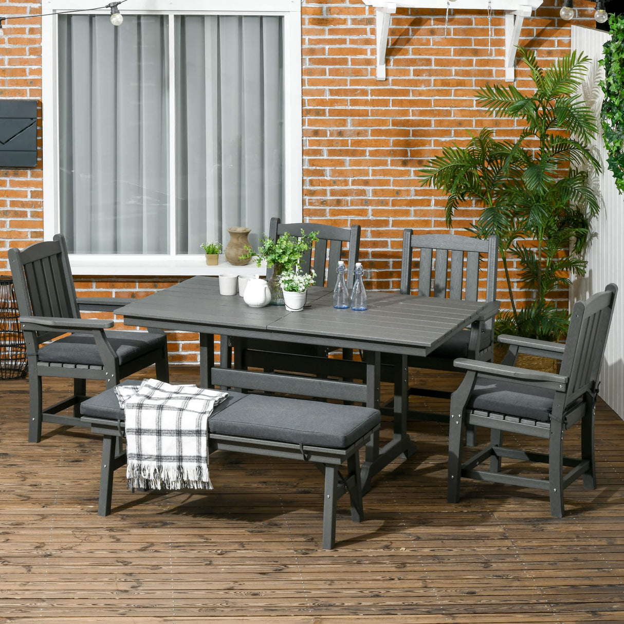 Outsunny 6 Pieces Patio Dining Set, 6 Seater Outdoor Table and Chairs, Conversation Furniture, Armrests, Loveseat Bench, Dinner Table with Umbrella Hole, Cushions, Dark Gray Outsunny