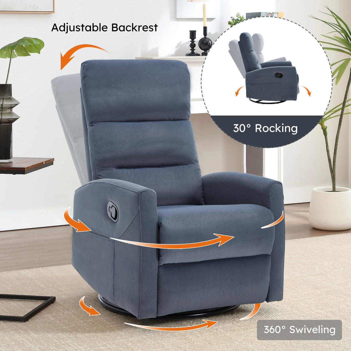 360° Swivel Rocking Chair for Nursery, Manual Glider Chair Nursing Chair with Side Pockets, Polyester Glider for Living Room, Heavy Duty Motion Mechanism, Blue Gray Luxlen