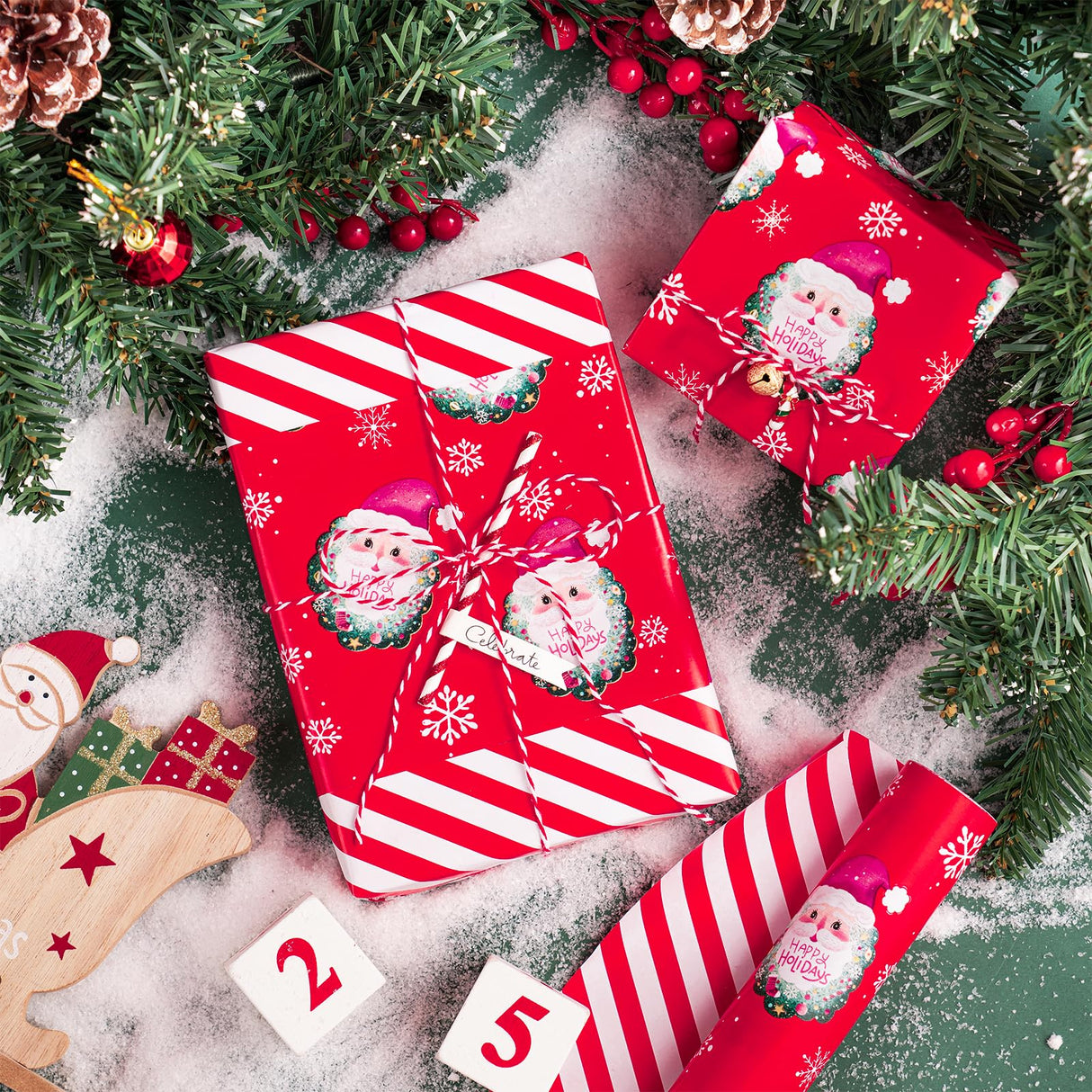 WRAPAHOLIC Reversible Christmas Wrapping Paper - Mini Roll - 17 Inch x 33 Feet - Red Santa Claus and Stripes Design for Christmas, Holiday, Party Celebration WRAPAHOLIC