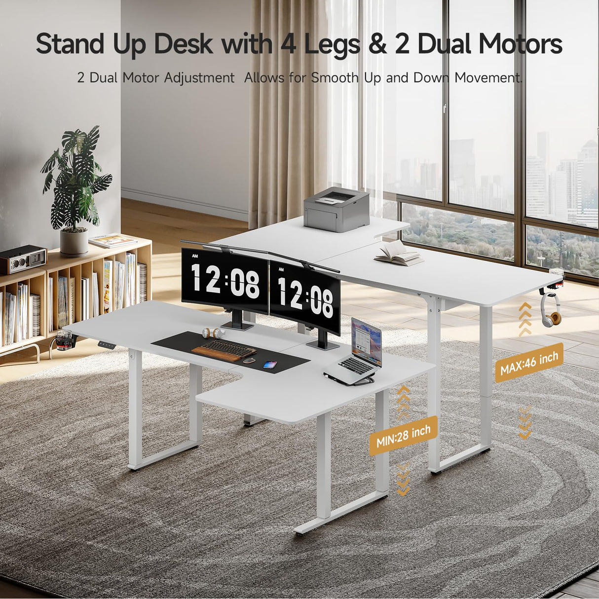 ONBRILL Standing Desk, 71x43 Inches L Shaped Desk with 4 Legs, Dual Motor and Memory Controller, Electric Stand Up Desk Adjustable Height from 28-46 Inches for Computer Workstation White ONBRILL