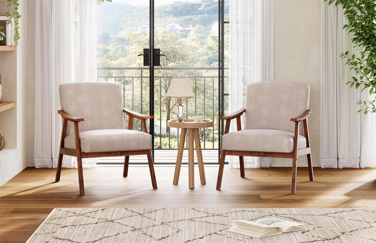 COCONINO WJ Mid Century Accent Chair, Boho Farmhouse Accent Chairs for Living Room, Retro Single Lounge Reading Armchair with Solid Wood Frame (Polyester Fabric in Light Camel) COCONINO WJ