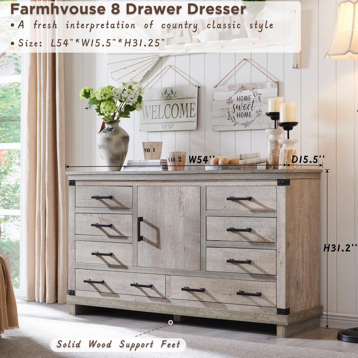 T4TREAM Farmhouse 8 Drawers Dresser for Bedroom, 54" Wide Wood Chest of Drawers w/Storage Cabient & Adjustable Shelf, Rustic Dressers Organizer for Living Room, Hallway, Light Rustic Oak T4TREAM