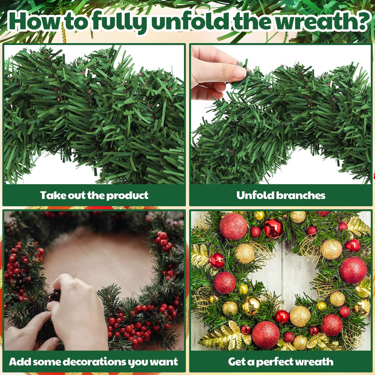 Hotop 4 Pcs Artificial Christmas Wreath for Front Door Christmas Green Farmhouse Wreath DIY Faux Plain Wreaths for Decorating Window Room Christmas Party Decor (24 Inches) Hotop