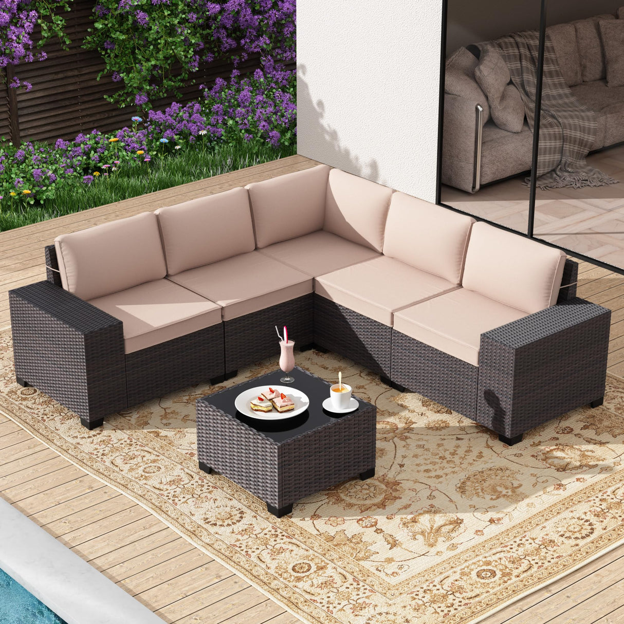 Gotland 6 Pieces Patio Furniture Set with 1 Coffee Table, 5 Seater Rattan Outdoor Sectional with Wide Armrests 29.5'' High Backrest Thick Waterproof Cushions, Conversation Sets for Deck Garden Khaki Gotland