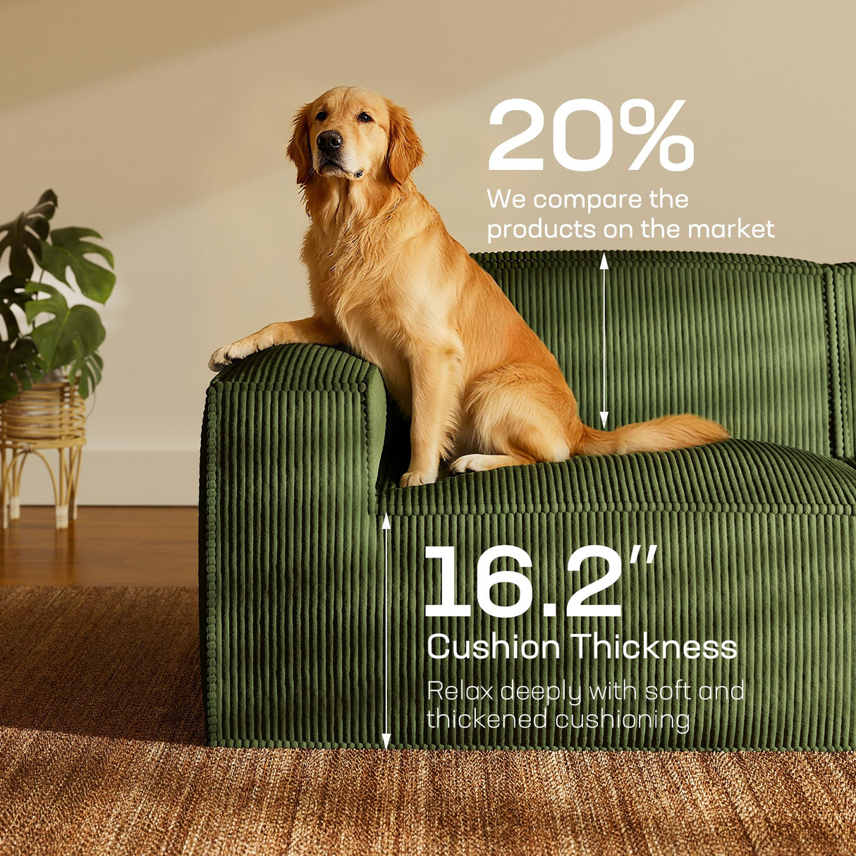 Marsail Modular Sectional Sofa, 111" L-Shaped Modular Sectional Couch with Deep Seat, Freely Combinable Sectional Clound Sofa for Living Room, No Assembly, Plush Corduroy Fabric, Green Marsail