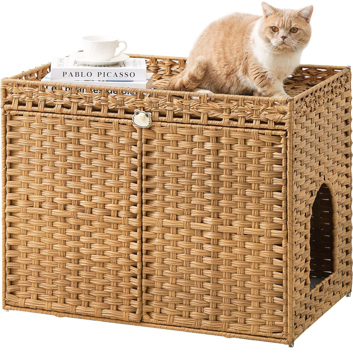 SETVSON Cat Litter Box Enclosure Furniture, Handwoven Rattan Hidden Litter Box with Mat, Large Space Cat House with 2 S-Shaped Hooks 30.3 x 18.3 x 24.4 Inches, Indoor for Living Room Apartment Natural SETVSON