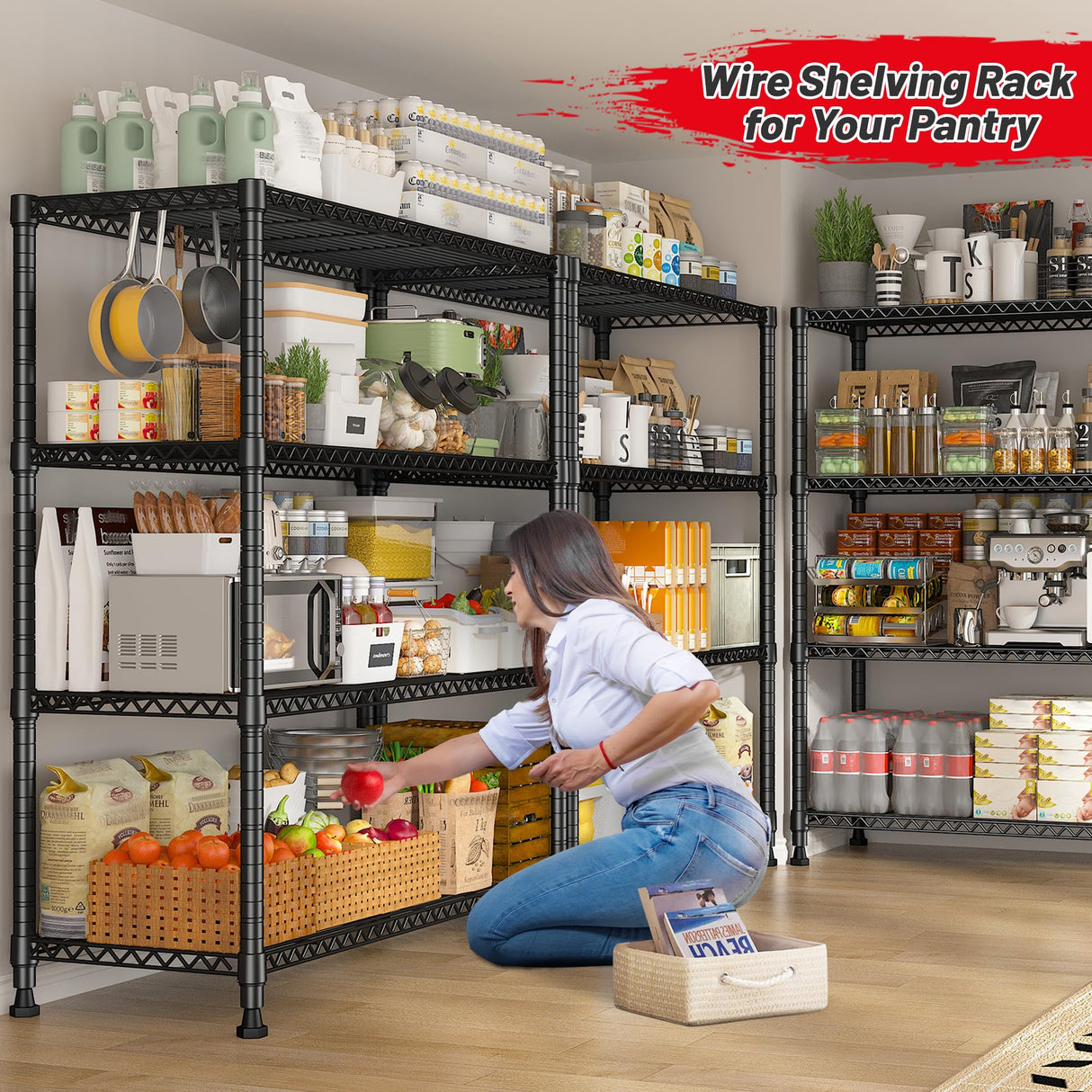 REIBII Wire Shelving Unit Storage Shelves Metal Shelves Heavy Duty Shelving Adjustable Garage Storage Wire Shelf Pantry Shelves for Bedroom Kitchen Rack 35.5''W x 14''D x 59''H REIBII