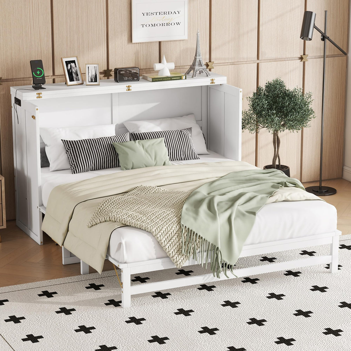 KEIKI Queen Size Cabinet Murphy Bed with Charging Station and Drawers, Multiple Storage Foldable Hideaway Wall Murphy Bed Frame with Solid Slat, No Box Spring Needed, Easy Assembly, for Bedroom, White KEIKI