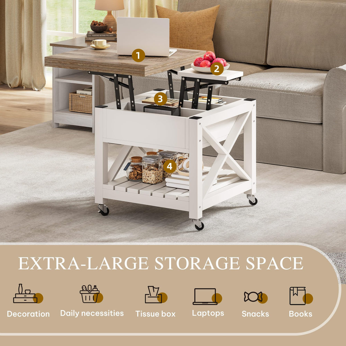 YITAHOME Lift Top Coffee Table with Wheels, Farmhouse Square Coffee Tables for Living Room, 2 Tier Small Coffee Table with Storage Compartment Rustic Wood Cocktail Table Dining Table, Grey Wash YITAHOME