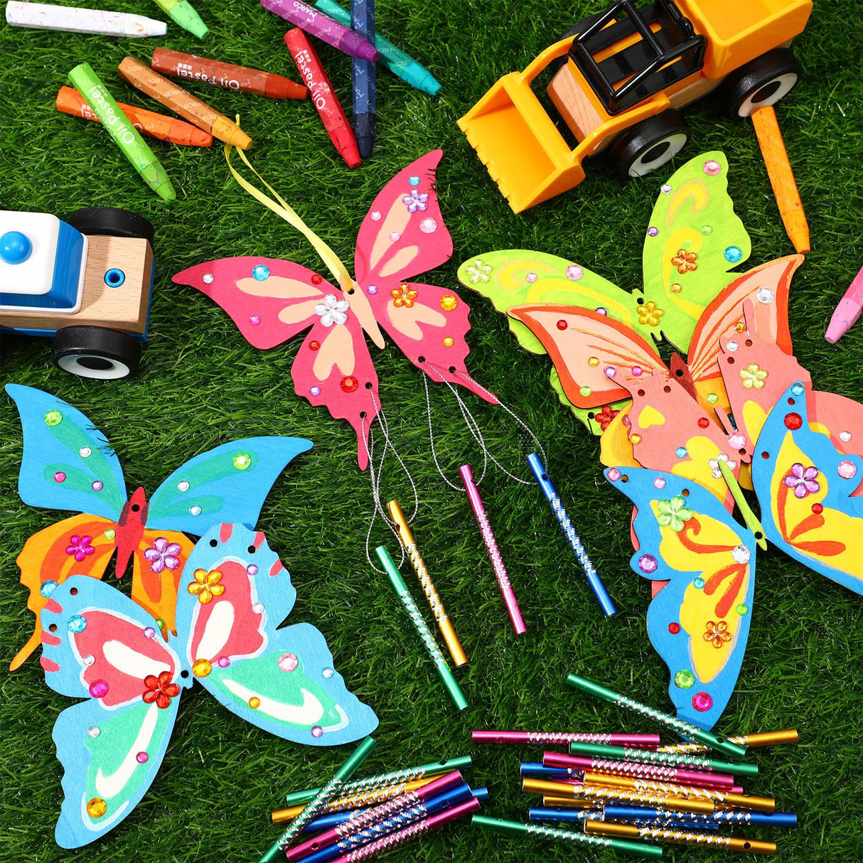 Wenqik 12 Pack Wind Chime Kit Spring Crafts Wooden Arts Make Your Own Wind Chime Ornaments DIY Coloring Craft for Spring Art Activities Favor Supplies(Butterfly) Wenqik