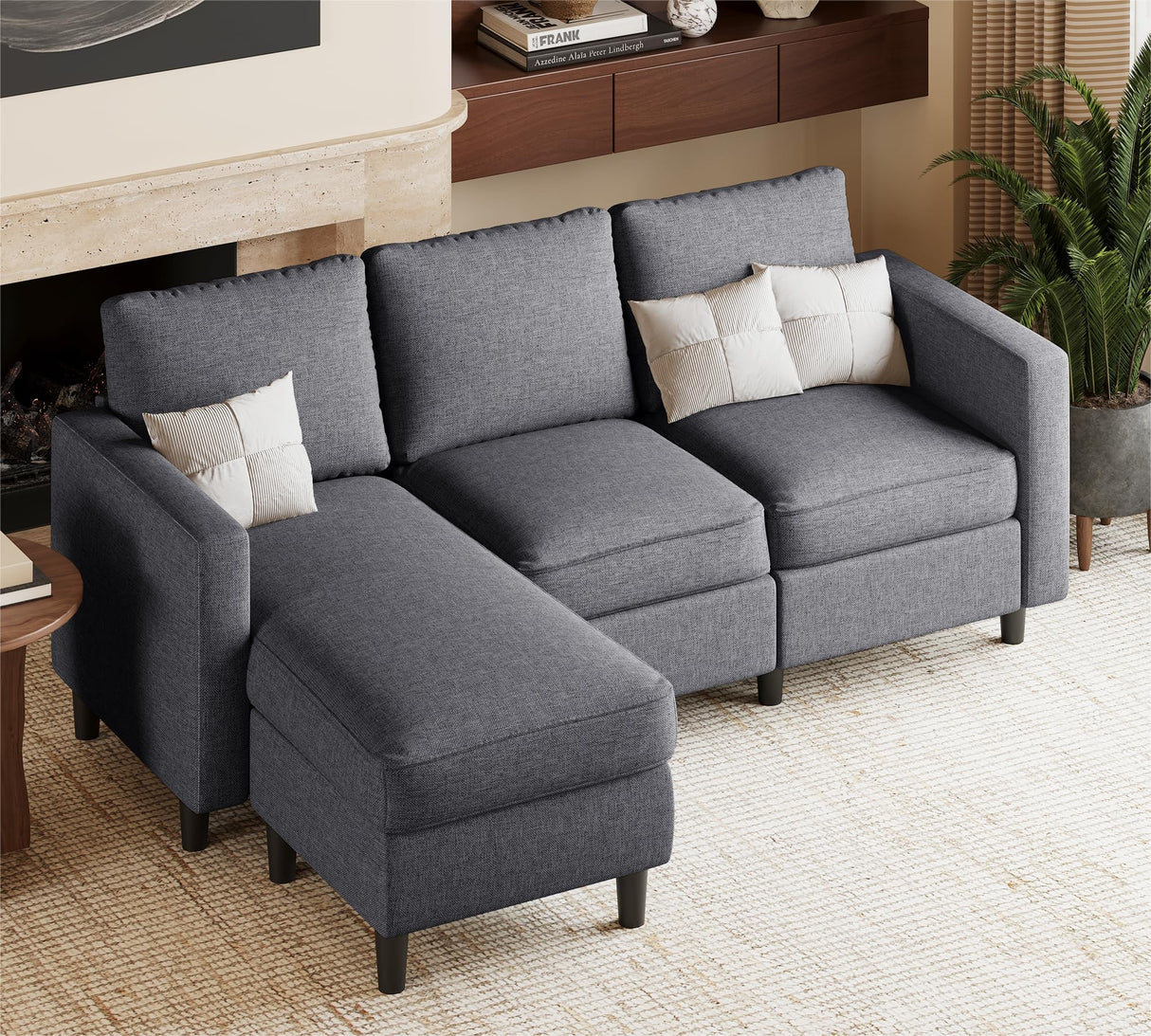 JAMFLY L Shaped Couch Sofa for Living Room, Small Sectional Sofa Couch with Breathable Fabric, Reversible Chaise, Dark Grey JAMFLY