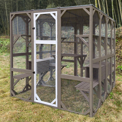 Gowoodhut Outdoor Catio Cat Enclosures - Wooden Cat House Weatherproof with Multi Platforms & Lounge Boxes,Combined- 71 Inch