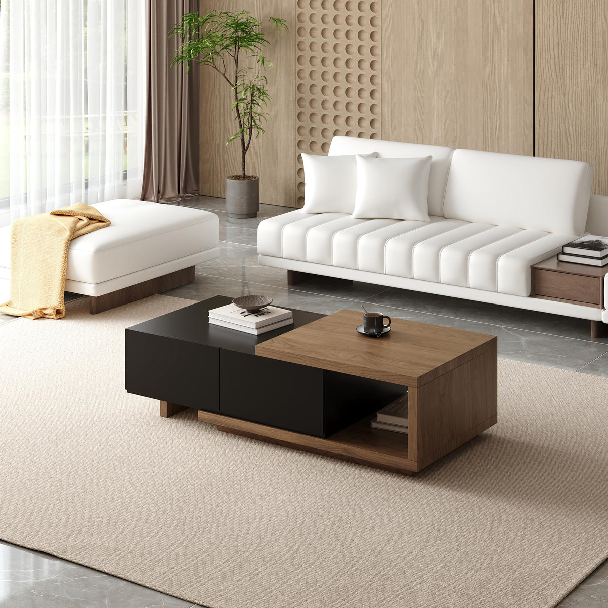 homary Extendable Coffee Table, 47"-69" Expandable Walnut Coffee Table with 2 Drawers, Modern Adjustable Center Table for Living Room & Small Spaces (Black & Walnut) homary