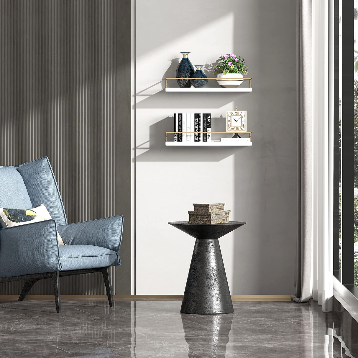 Shario White Floating Shelves - Set of 2, Wall Mounted Hanging Shelves with Golden Towel Rack, Decorative Storage Shelves for Bathroom, Kitchen, Living Room & Bedroom (White) Shario