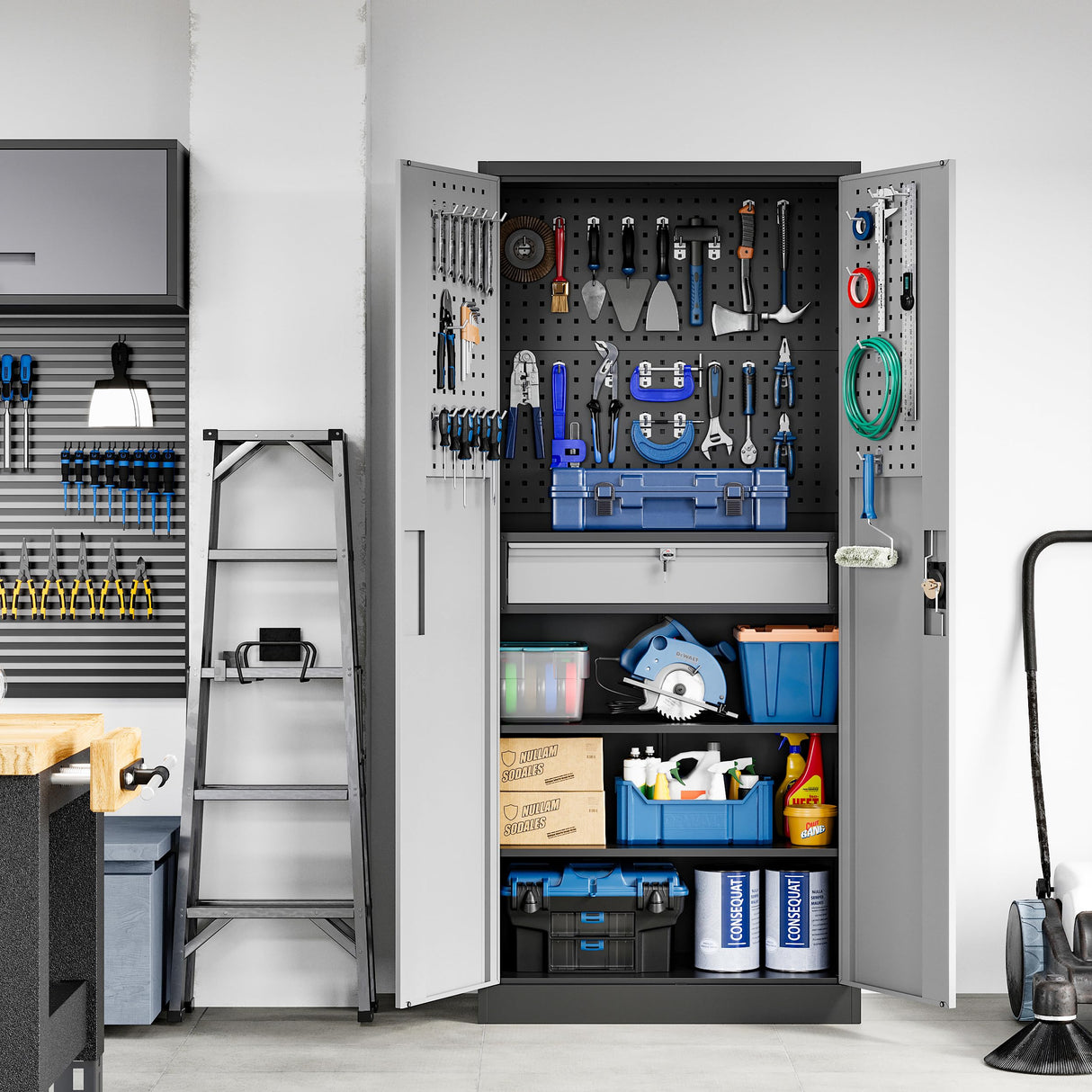 Yizosh Metal Garage Storage Cabinet with Locking Doors and Drawers, Heavy Duty Steel Tool Cabinet with Pegboard, 71" - Lockable Cabinets for Garage, Warehouse, Basement (Black Gray) Yizosh