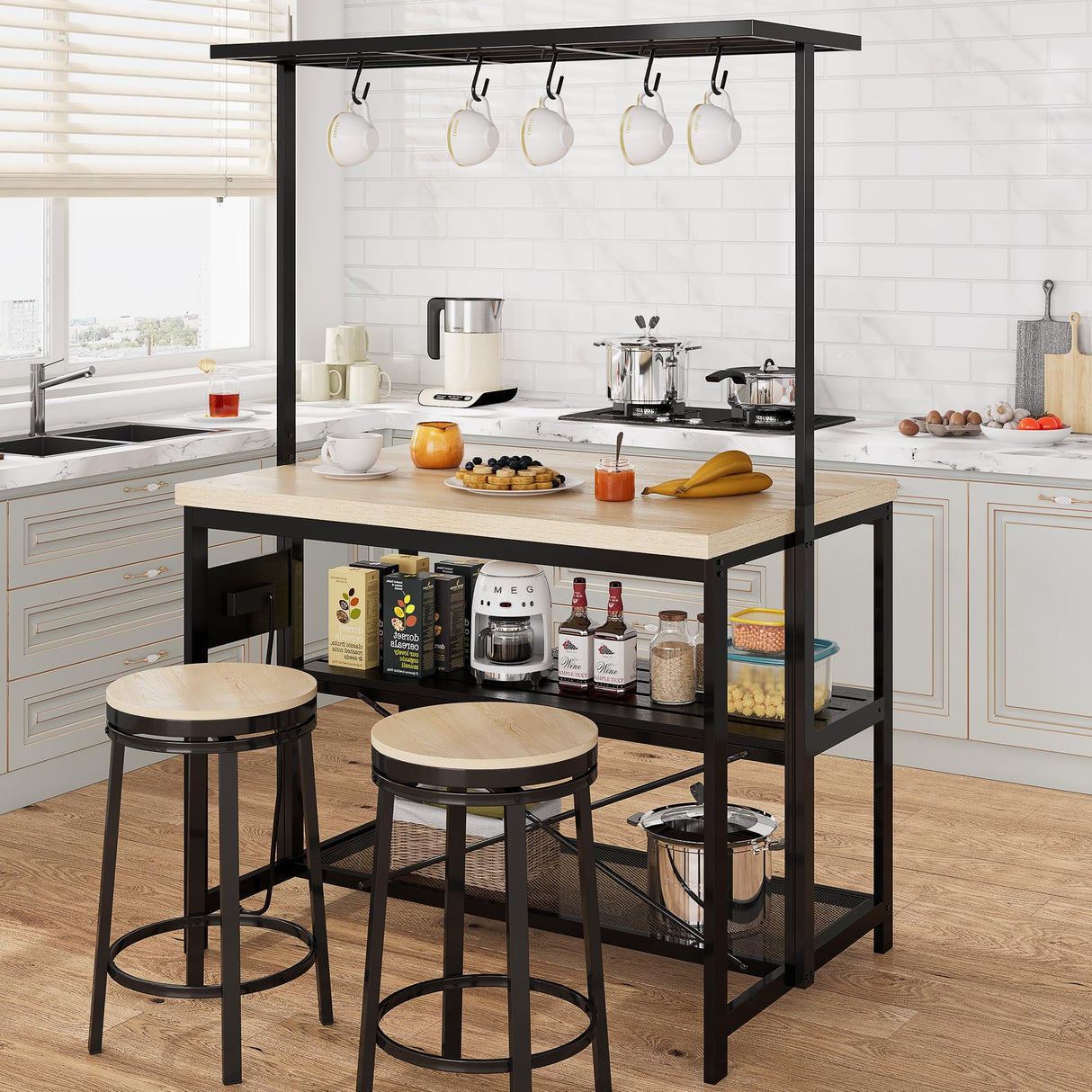 47" Large Kitchen Island Table Bakers Rack with Power Outlet and 3-Tier Storage-Microwave Stand Oven Shelf, Metal Coffee Bar Table ,Kitchen Storage Shelf for Dining Living Room, 5 Hooks,47"*28"*72" GAOMON
