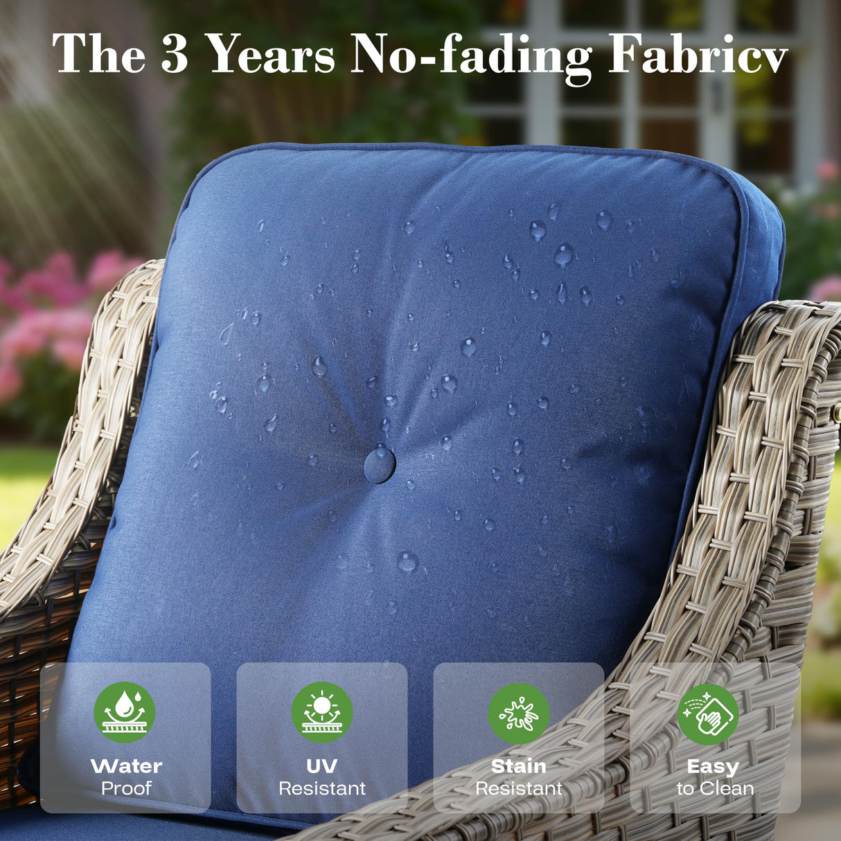 ovios Outdoor 5 Piece Patio Furniture with Fire Pit Table,Wicker Coversation Set with Swivel Rocking Chair,Comfy Sectional Deep Sofa for Outside Porch Balcony Backyard Pool,Navy Blue ovios