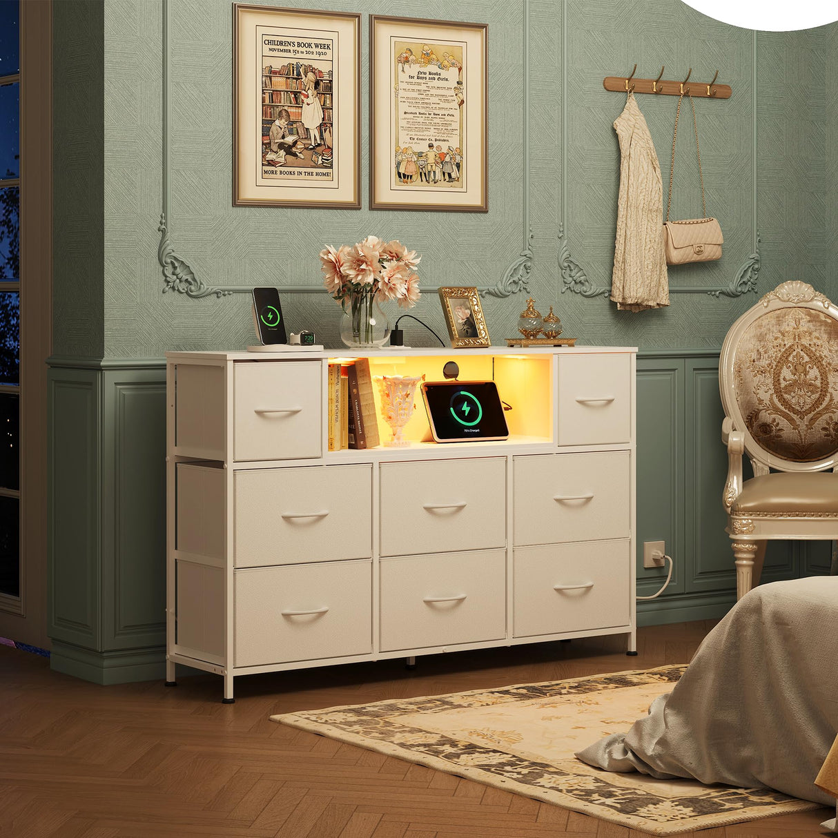 WLIVE White Dresser for Bedroom, TV Stand for Bedroom for 55 inch TV with Charging Station and LED Lights, Fabric Chest of Drawers with Open Shelves, 8 Drawers Dressers for Living Room, Closet WLIVE