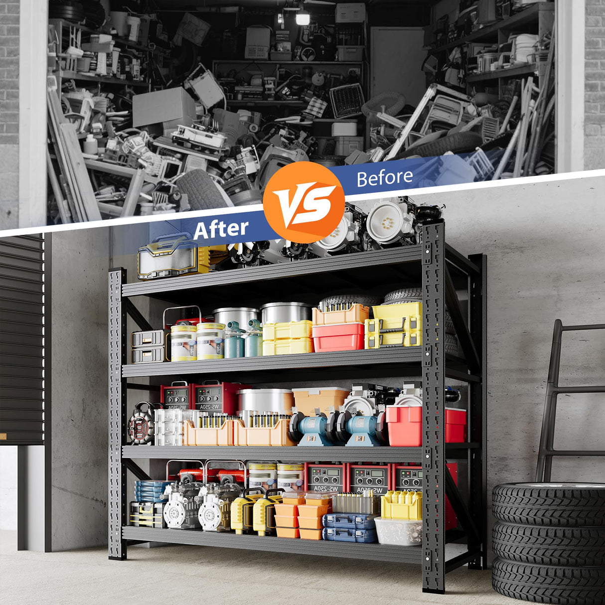 Anxxsu 3000LBS Storage Shelves, 48" W Heavy Duty Garage Shelving Unit, Adjustable Industrial Shelving, 4 Tier Metal Shelving for Garage, Supermarket, Warehouse, 48" W x 24" D x 70" H Anxxsu