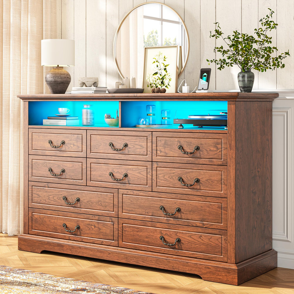 Romorgniz 10 Drawer Brown Dresser for Bedroom, Large Farmhouse Dresser with LED Lights & Charging Station for Bedroom Romorgniz