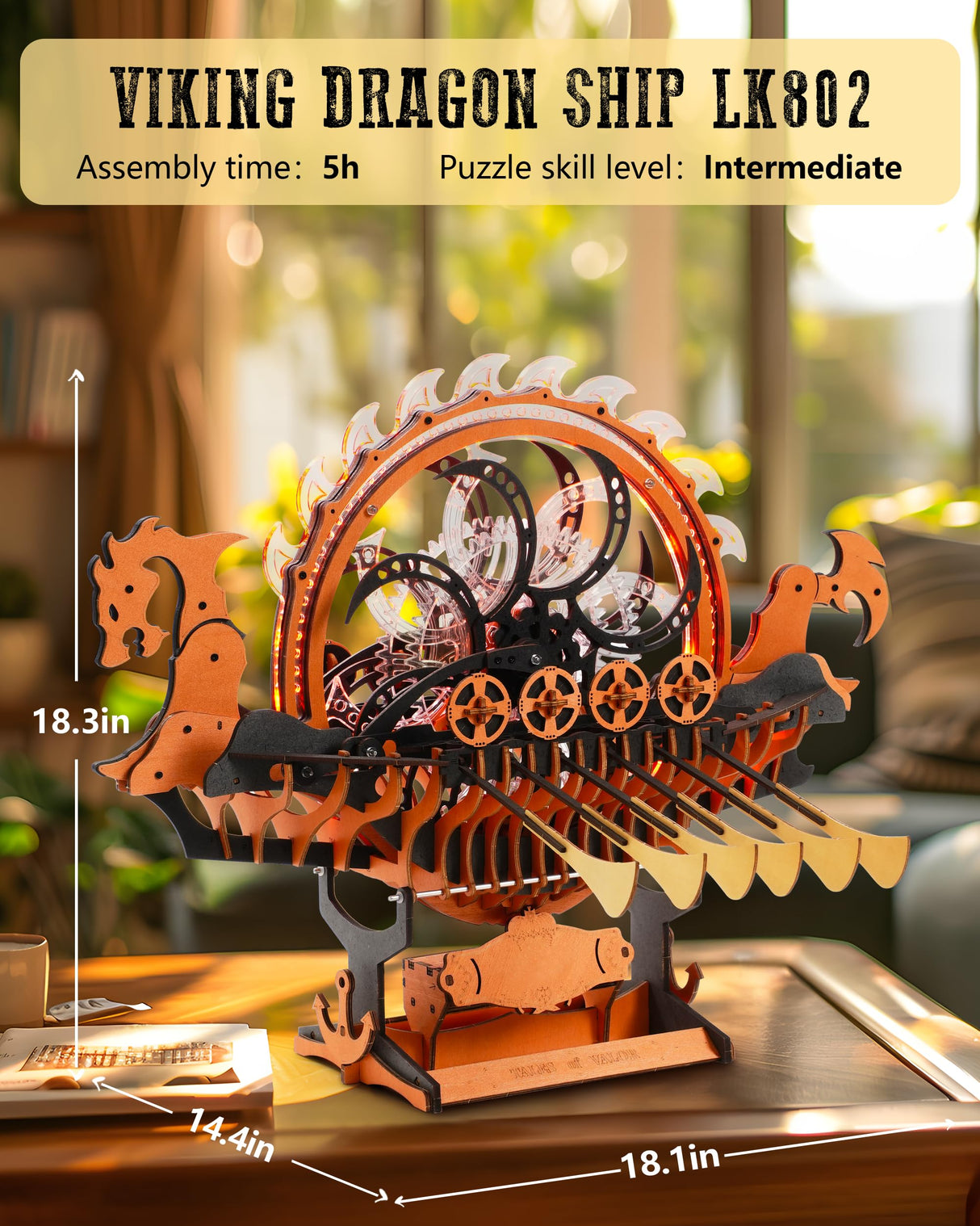 ROBOTIME LK802 Viking Dragon Ship Mechanical Wooden Puzzles, 229 Pieces 3D Puzzles for Adults, Crafts for Adults Hobby Building Kit ROBOTIME