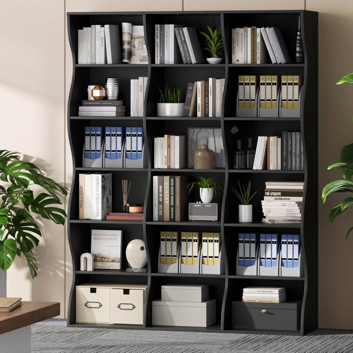 Gyfimoie 71" Triple Wide Bookshelf, 6 Tier Tall Bookcase with Storage, Large Book Shelves with 18 Open Display Shelves, Black Bookcase for Living Room, Study, Home Office, Library (Black) Gyfimoie