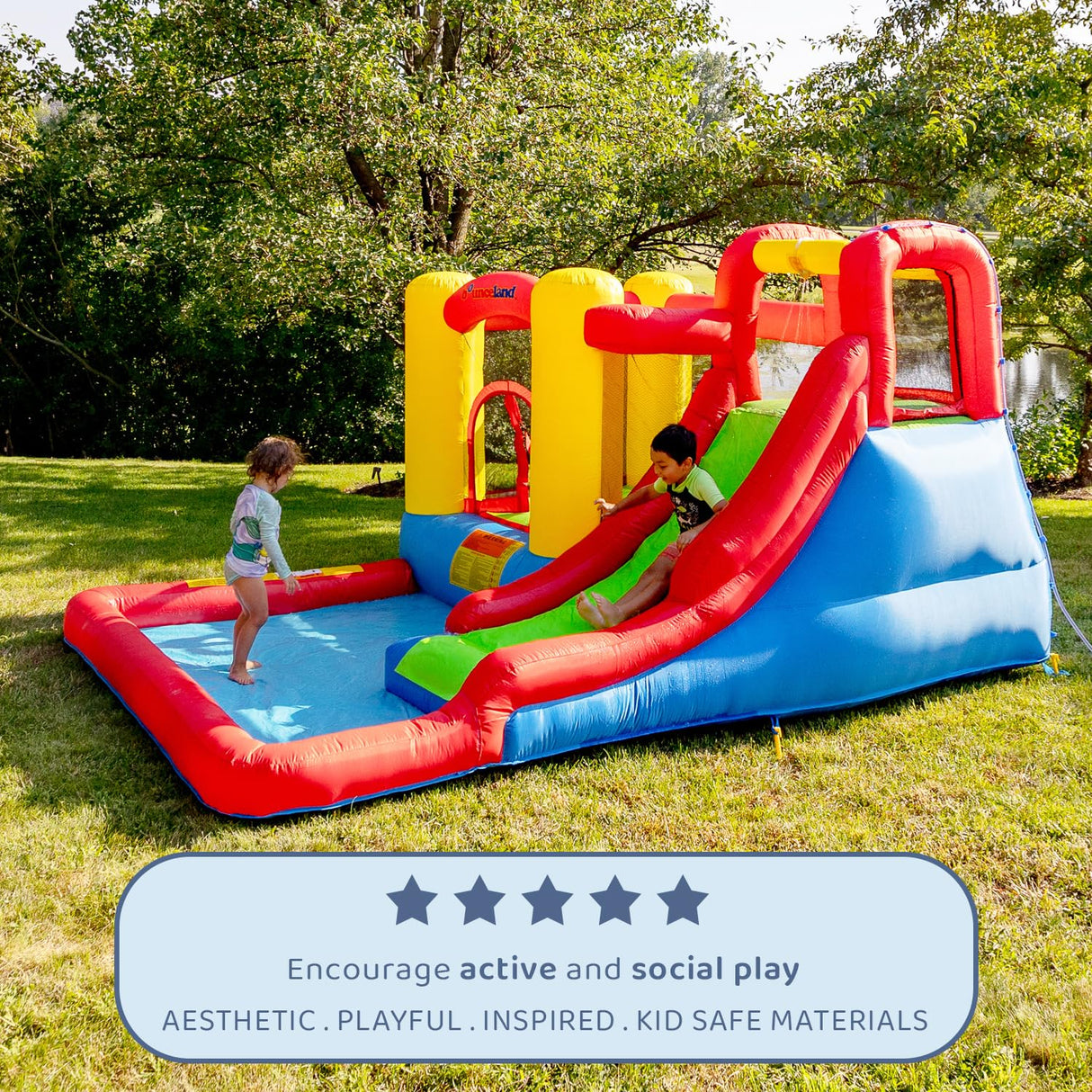 Bounceland Jump and Splash Adventure Bounce House or Water Slide All in one, Large Pool, Fun Bouncing Area with Basketball Hoop, Long Slide with Climbing Wall, UL Certified Blower Included Bounceland