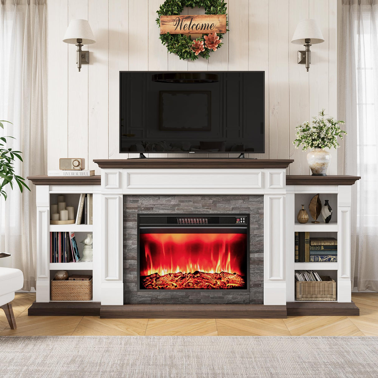 LGHM 80" Electric Fireplace with Mantel, Fireplace TV Stand for TVs Up to 90 Inch, Farmhouse Entertainment Center with Storage, Realistic Stacked Stone Surround with Remote Control for Living Room LGHM