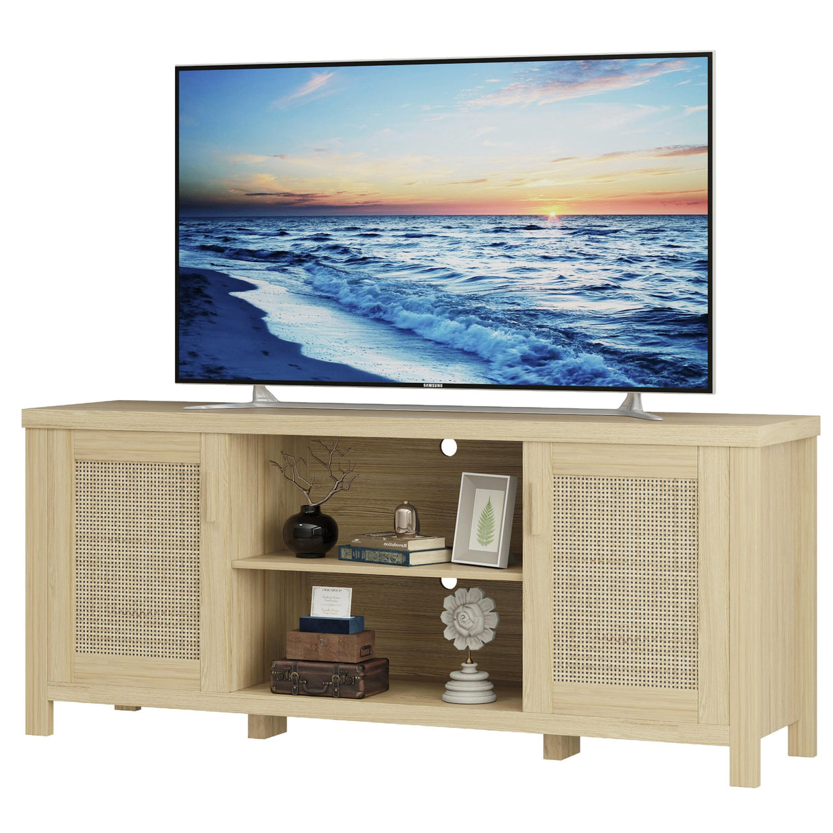 TV Stand for 65 inch TV, Modern Mid Century Entertainment Center with Storage, Media Consol with Natural wood rattan Door Cabinets and Open Shelves, Wooden, for Living Room, Bedroom, MLTV21YR MMEOLUOOK