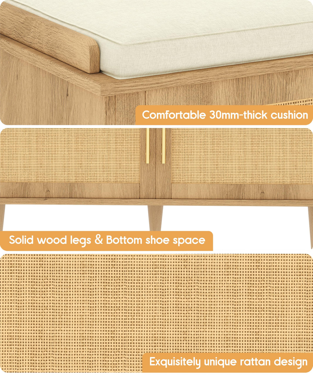 Akxomel Natural Rattan Shoe Storage Bench with Cushion, Entryway Shoe Cabinet Bench with 2 Doors, 15"D x 39.4"W x 20"H, Wooden Shoe Organizer, Adjustable Shelf, Solid Wood Legs, for Hallway, Bedroom Akxomel