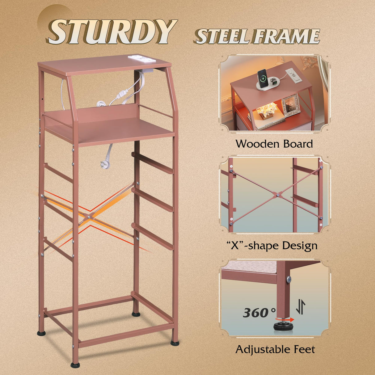 WLIVE 4 Drawer Dresser for Bedroom, 37" H Nightstand with Charging Station and Led Light, Tall Night Stand Bed Side Table, End Table with USB Ports and Outlets, Fabric Bins, Wood Shelf, Pink WLIVE