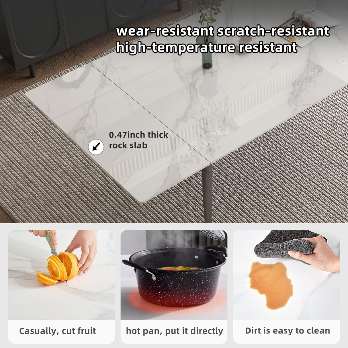 Extendable Dining Table (62.9" to 94.4") for 6 to 10 - Modern Rectangular Sintered Stone Table with High Hardness and Easy Maintenance - Stylish White NessCarsti