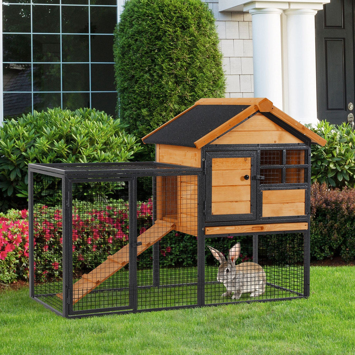 PawHut 2-Level Rabbit Hutch Bunny House with Weatherproof Hinged Asphalt Roof, Removable Tray and Ramp for Outdoor PawHut