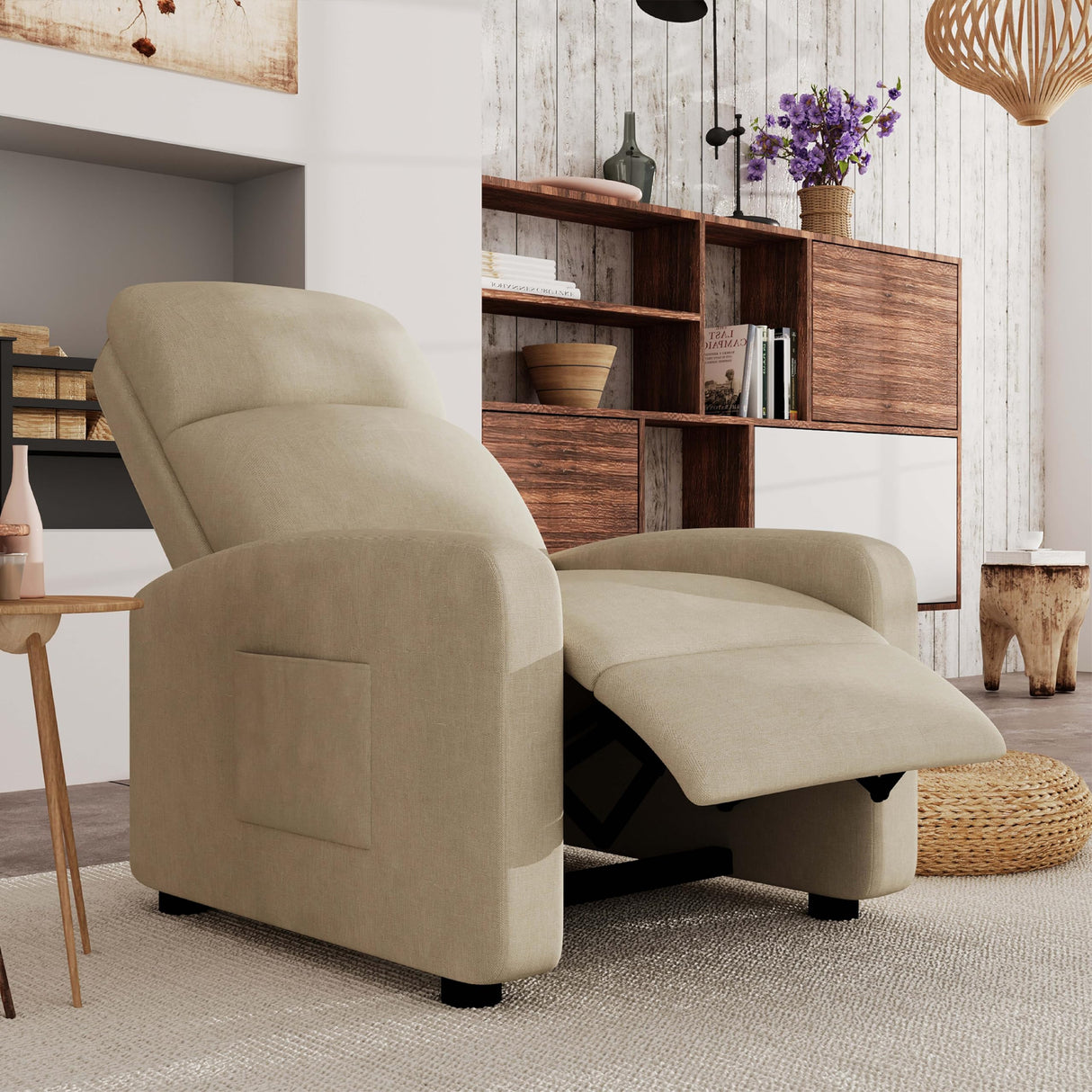 zzlay Recliner Chair for Living Room, Modern Adjustable Home Theater Seating Single Sofa Manual Push Back Armchair with Soft Linen Upholstery & High Backrest for Small Spaces, Linen-Cream zzlay