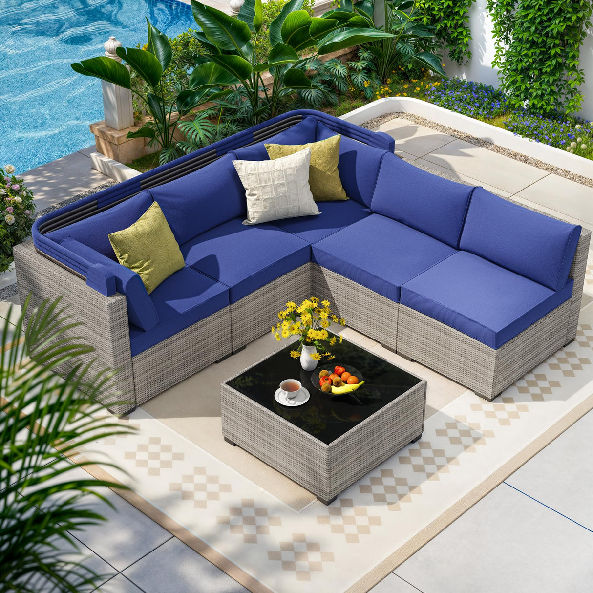 olimix Patio Furniture Set, 6 Pieces All Weather Wicker Rattan Conversation Set with Canopy, Outdoor Sectional Sofa Set w/Adjustable Backrest, Chaise Chair Daybed w/Storage Table, Grayish-White/Blue olimix