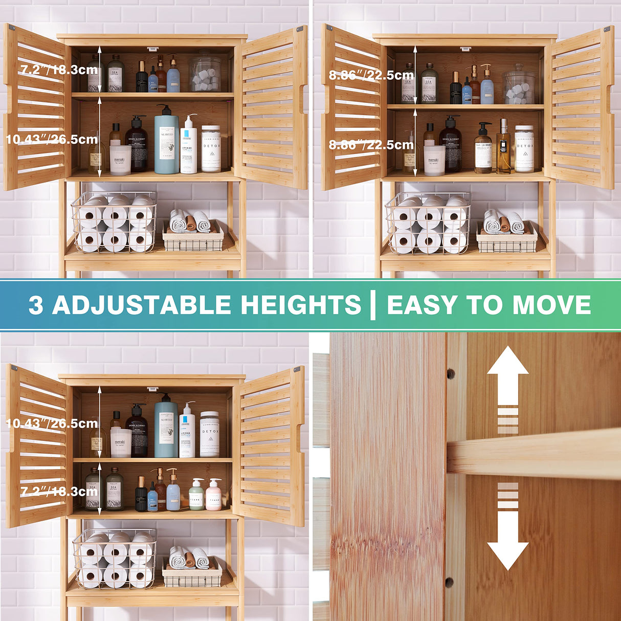 SMIBUY Bathroom Over The Toilet Storage Cabinet, 2 Door Bamboo Cabinet Organizer, Freestanding Space Saver Toilet Rack with Adjustable Inside Shelf and Open Shelf (Natural) SMIBUY