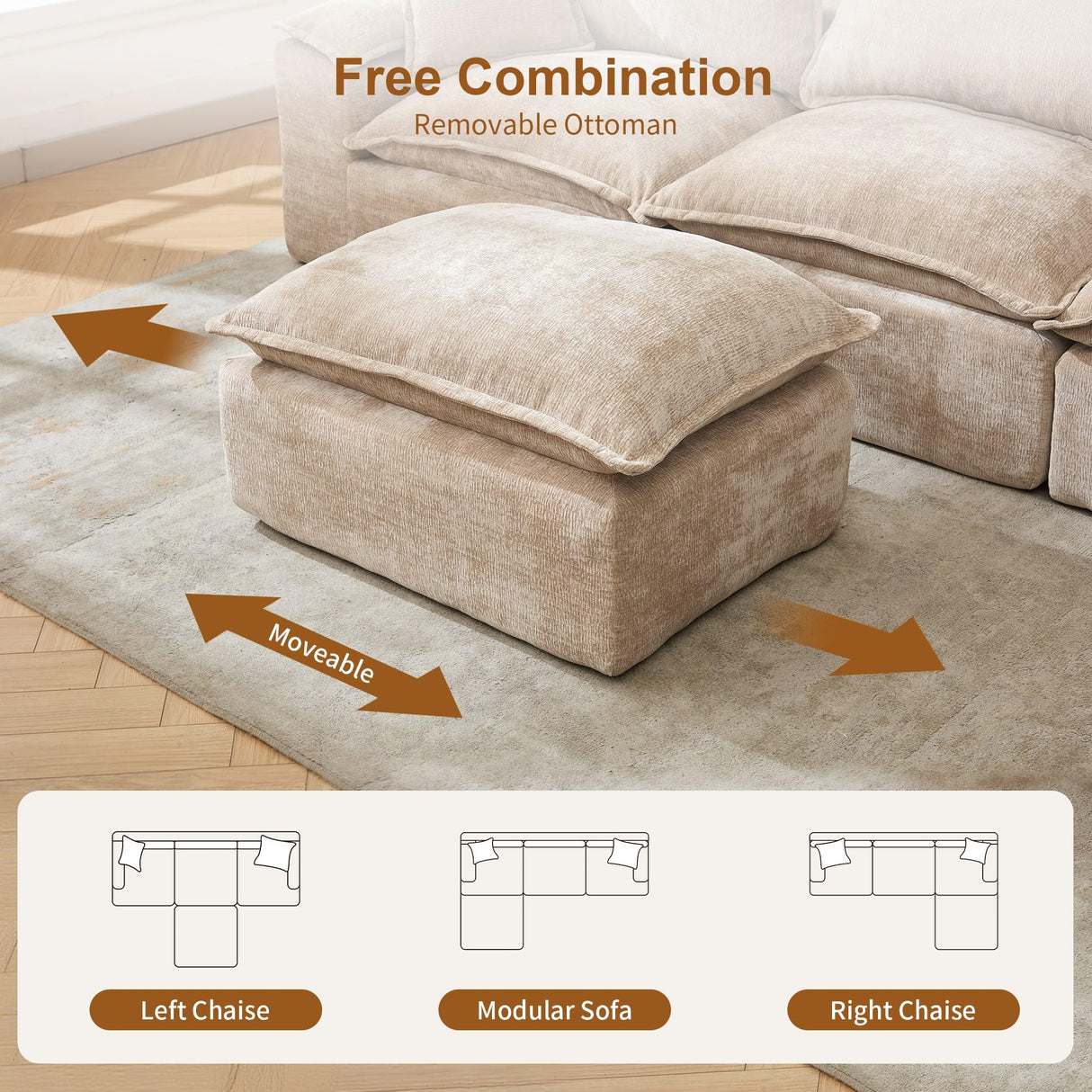 Korser 122" Sectional Couches for Living Room, Modular Boneless Couch with Deep Seat & Fluffy Cushion, Cozy Double-Layer Cushioned Sofa with Convertible Ottoman, Comfy Cloud Sofa, No Assembly Required Korser