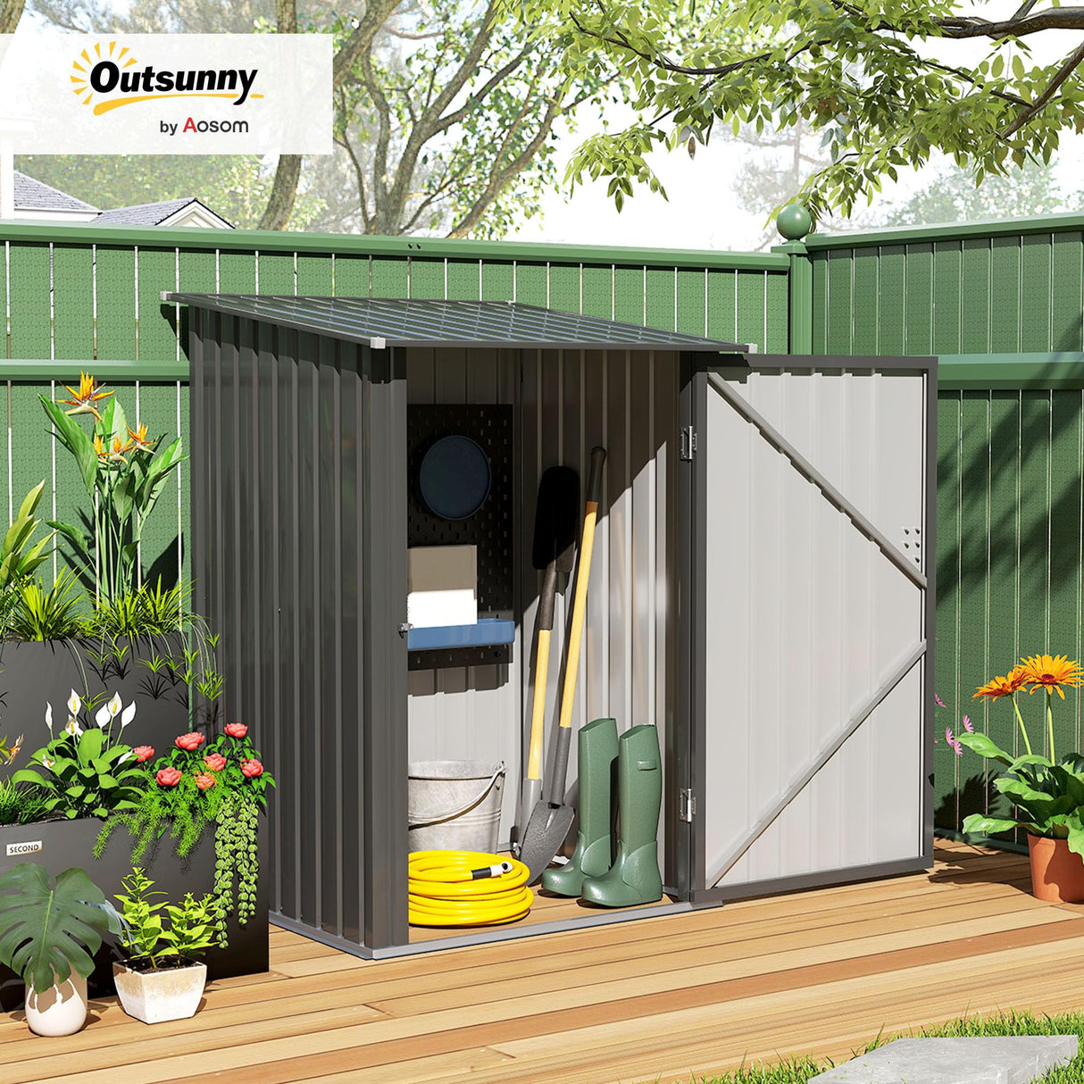 Outsunny 3.3' x 3.4' Outdoor Storage Shed, Metal Garden Tool House with Sloping Roof and Lockable Door for Backyard, Bike, Patio, Garage, Lawn, Gray Outsunny
